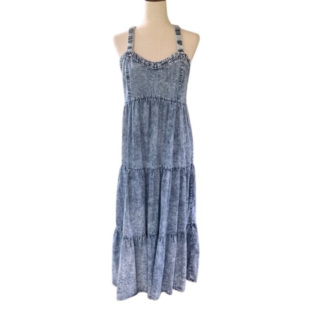 Western Boho Tiered Maxi Dress M Cross Back Festival Coastal Chic Vacation Beach